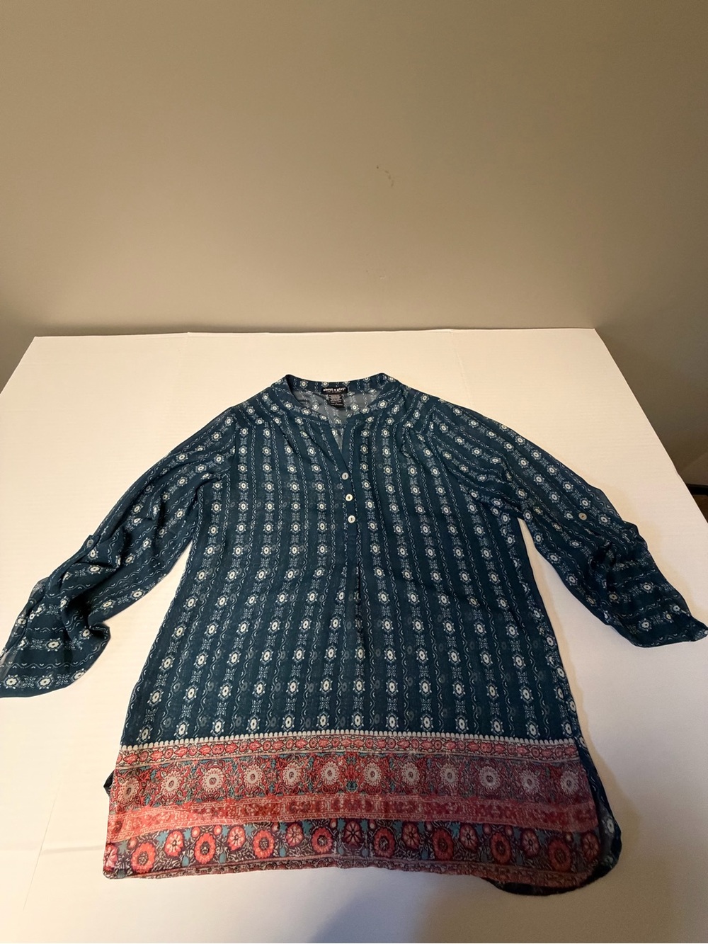 Women's Teal Printed Long-Sleeve Tunic with Red Border